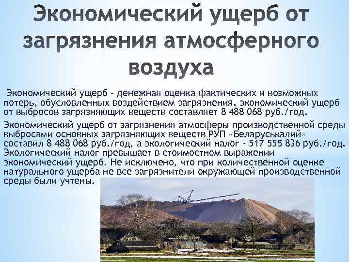 Экономический ущерб – денежная оценка фактических и возможных потерь, обусловленных воздействием загрязнения. экономический ущерб