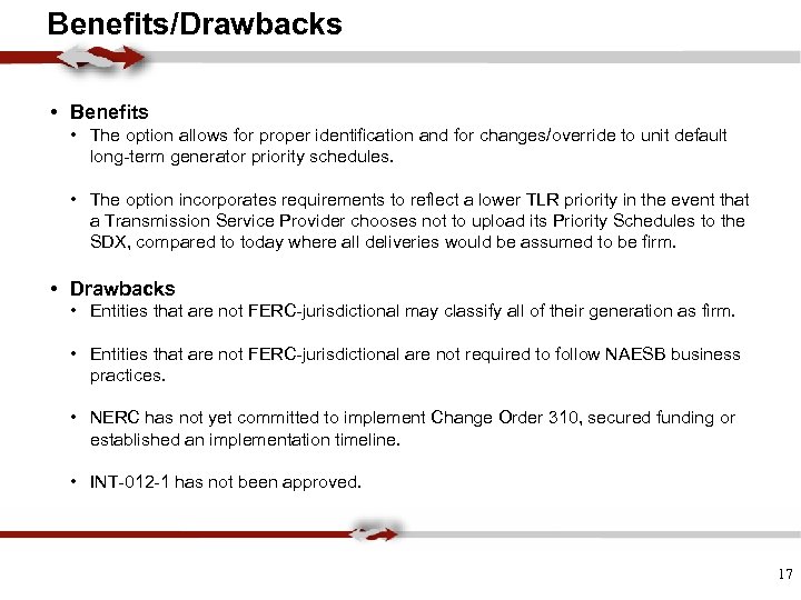 Benefits/Drawbacks • Benefits • The option allows for proper identification and for changes/override to