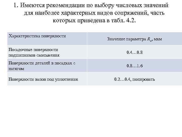 1. Имеются рекомендации по выбору числовых значений для наиболее характерных видов сопряжений, часть которых
