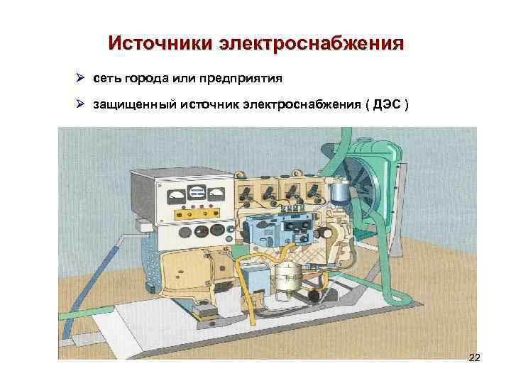 Источники электроснабжения Ø сеть города или предприятия Ø защищенный источник электроснабжения ( ДЭС )