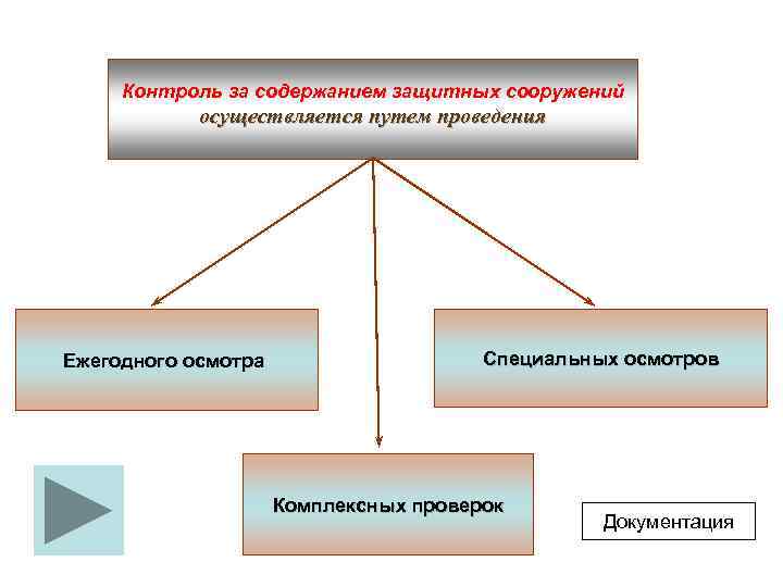 Контроль за содержанием защитных сооружений осуществляется путем проведения Ежегодного осмотра Специальных осмотров Комплексных проверок