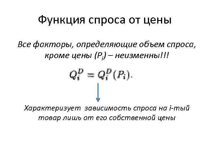 Функция спроса от цены Все факторы, определяющие объем спроса, кроме цены (Pi) – неизменны!!!