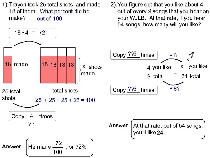 1). Trayon took 25 total shots, and made 18 of them. What percent did