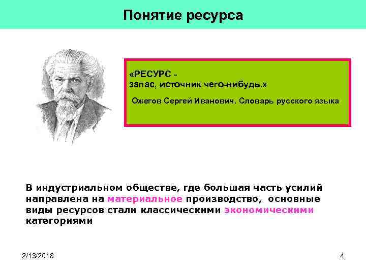 Понятие ресурса «РЕСУРС запас, источник чего-нибудь. » Ожегов Сергей Иванович. Словарь русского языка В