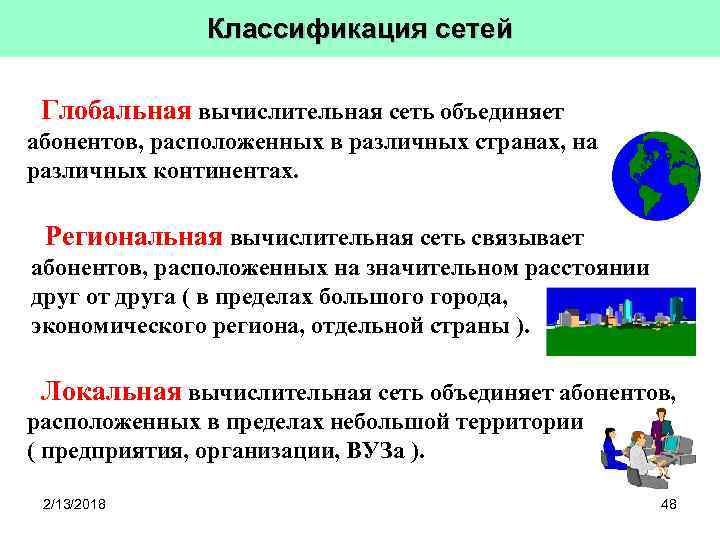 Классификация сетей Глобальная вычислительная сеть объединяет абонентов, расположенных в различных странах, на различных континентах.