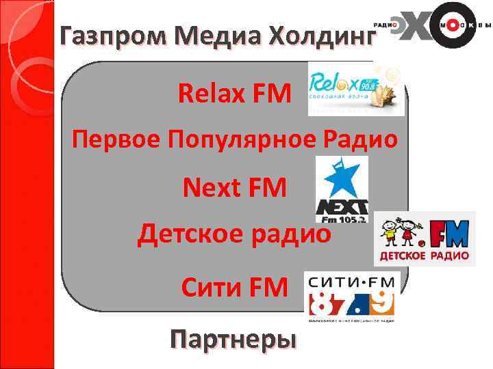 Газпром Медиа Холдинг Relax FM Первое Популярное Радио Next FM Детское радио Сити FM