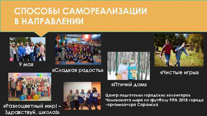 СПОСОБЫ САМОРЕАЛИЗАЦИИ В НАПРАВЛЕНИИ 9 мая «Сладкая радость» «Чистые игры» «Птичий дом» «Разноцветный мир!