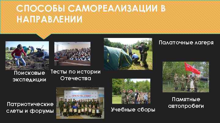 СПОСОБЫ САМОРЕАЛИЗАЦИИ В НАПРАВЛЕНИИ Палаточные лагеря Поисковые Тесты по истории Отечества экспедиции Патриотические слеты