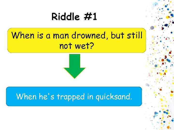 Riddle #1 When is a man drowned, but still not wet? When he's trapped