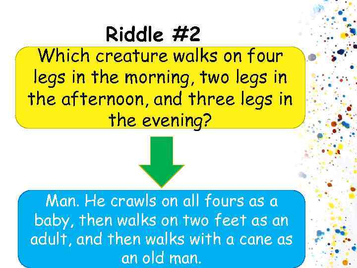 Riddle #2 Which creature walks on four legs in the morning, two legs in