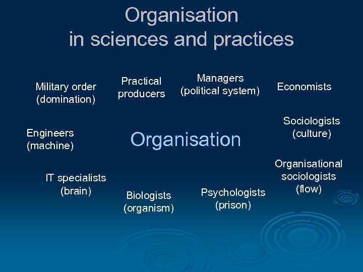 Organisation in sciences and practices Military order (domination) Engineers (machine) IT specialists (brain) Practical