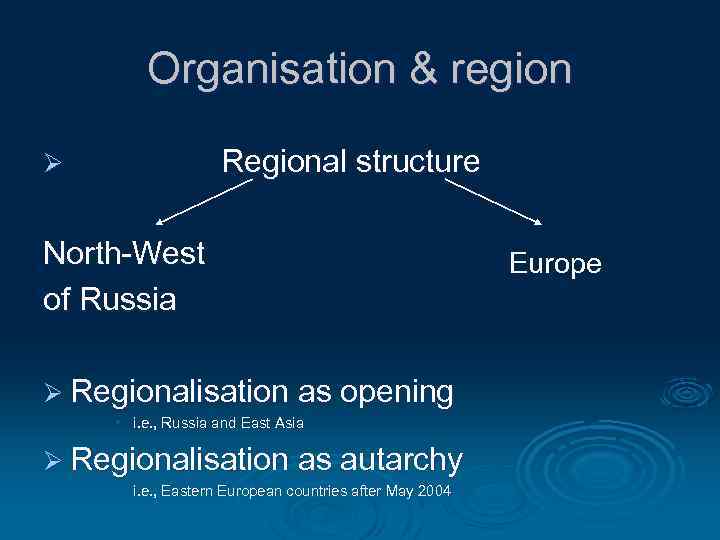 Organisation & region Regional structure Ø North-West of Russia Ø Regionalisation as opening •
