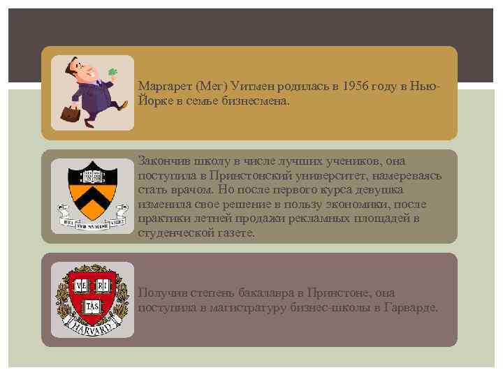 Маргарет (Мег) Уитмен родилась в 1956 году в Нью. Йорке в семье бизнесмена. Закончив