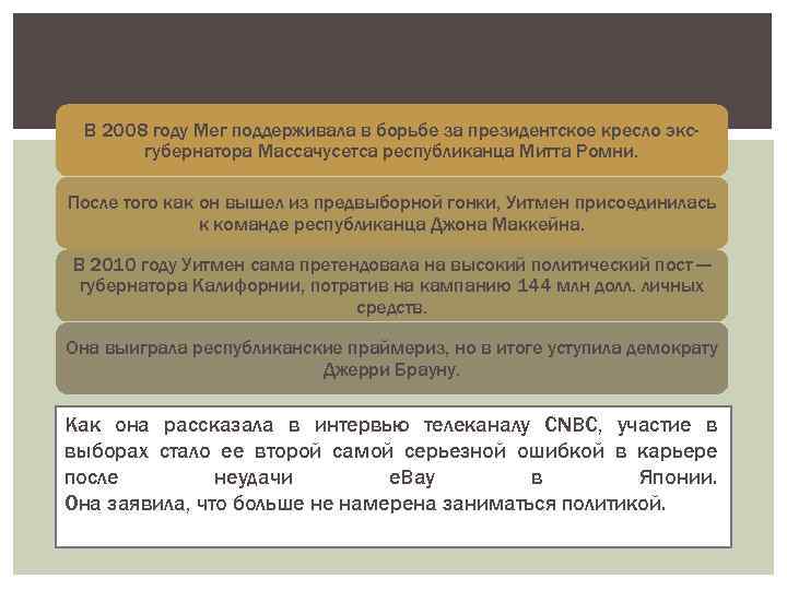 После Маргарет Уитмен пробует себя в политике В 2008 году Мег поддерживала в борьбе