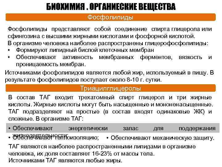 БИОХИМИЯ. ОРГАНИЕСКИЕ ВЕЩЕСТВА Фосфолипиды представляют собой соединение спирта глицерола или сфингозина с высшими жирными