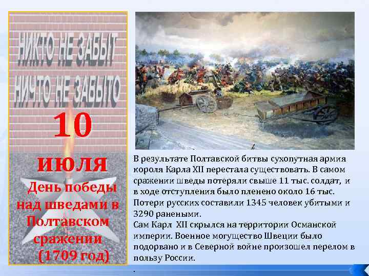 10 июля День победы над шведами в Полтавском сражении (1709 год) В результате Полтавской