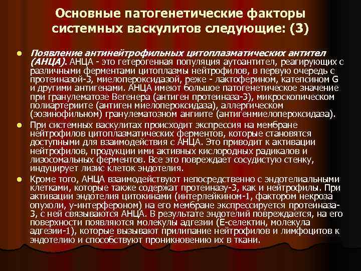 Основные патогенетические факторы системных васкулитов следующие: (3) l Появление антинейтрофильных цитоплазматических антител (АНЦА). АНЦА