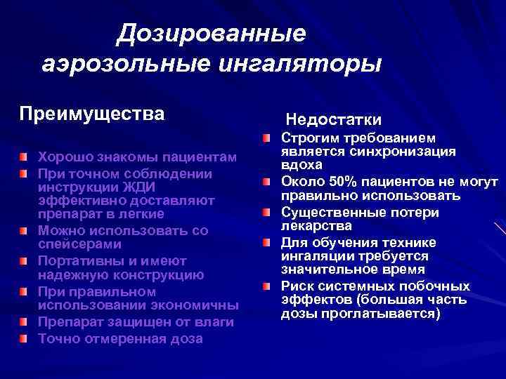 Дозированные аэрозольные ингаляторы Преимущества Хорошо знакомы пациентам При точном соблюдении инструкции ЖДИ эффективно доставляют