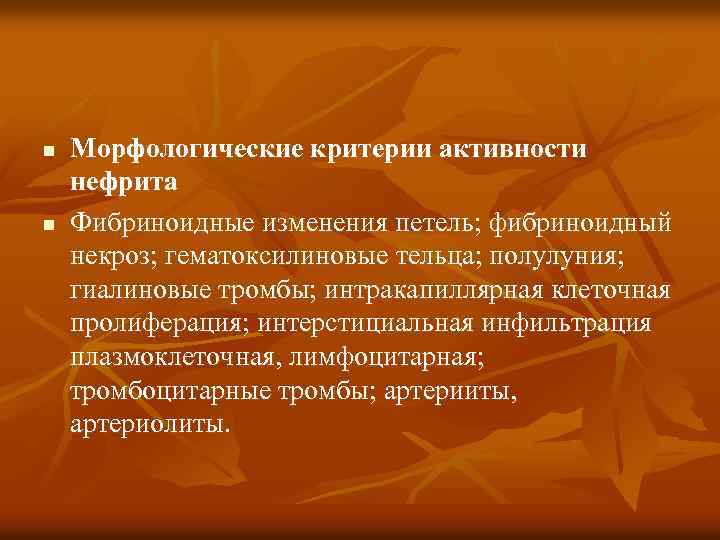 n n Морфологические критерии активности нефрита Фибриноидные изменения петель; фибриноидный некроз; гематоксилиновые тельца; полулуния;