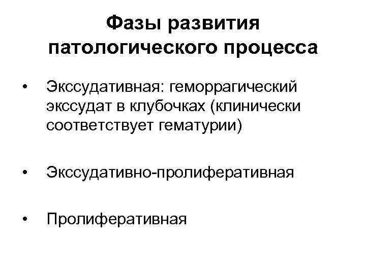 Фазы развития патологического процесса • Экссудативная: геморрагический экссудат в клубочках (клинически соответствует гематурии) •