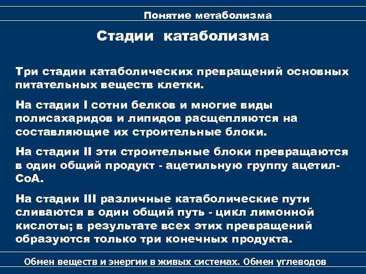 Понятие метаболизма Стадии катаболизма Три стадии катаболических превращений основных питательных веществ клетки. На стадии