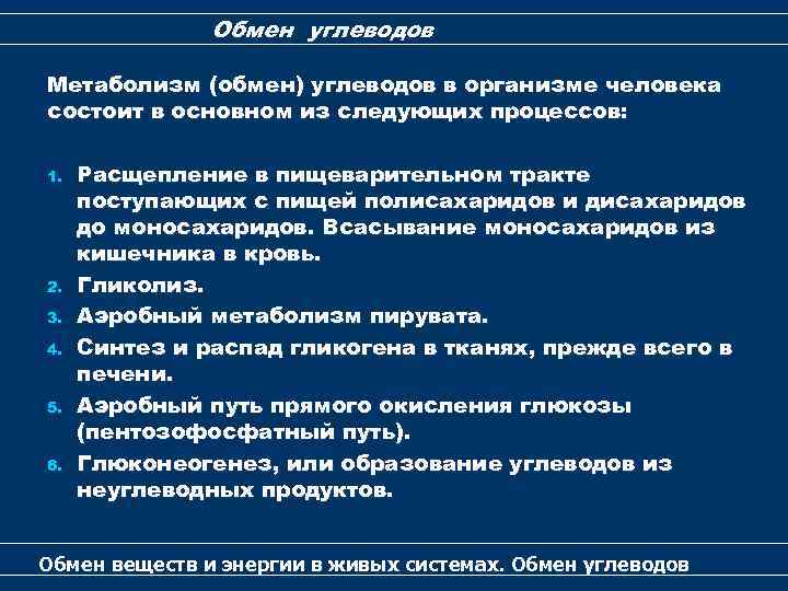 Обмен углеводов Метаболизм (обмен) углеводов в организме человека состоит в основном из следующих процессов: