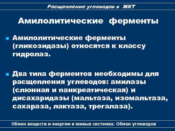 Расщепление углеводов в ЖКТ Амилолитические ферменты n n Амилолитические ферменты (гликозидазы) относятся к классу