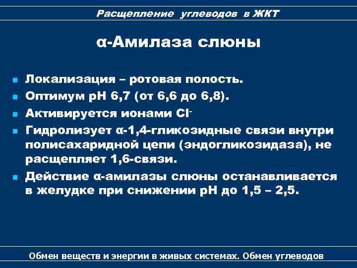 Расщепление углеводов в ЖКТ α-Амилаза слюны n n n Локализация – ротовая полость. Оптимум