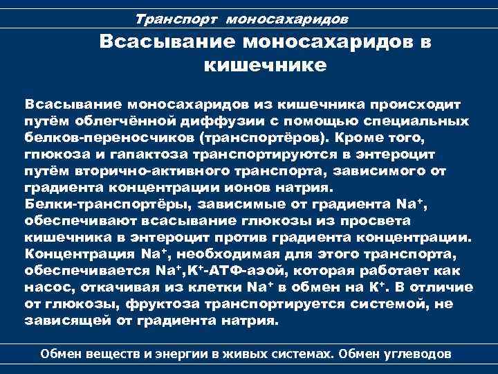 Транспорт моносахаридов Всасывание моносахаридов в кишечнике Всасывание моносахаридов из кишечника происходит путём облегчённой диффузии