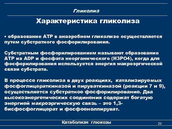 Гликолиз Характеристика гликолиза • образование АТР в анаэробном гликолизе осуществляется путем субстратного фосфорилирования. Субстратным