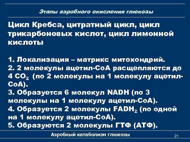 Этапы аэробного окисления глюкозы Цикл Кребса, цитратный цикл, цикл трикарбоновых кислот, цикл лимонной кислоты