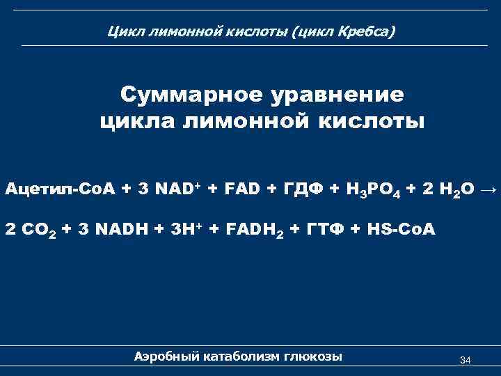 Цикл лимонной кислоты (цикл Кребса) Суммарное уравнение цикла лимонной кислоты Ацетил-Со. А + 3