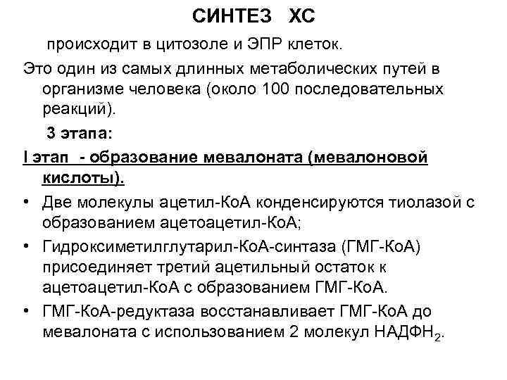 СИНТЕЗ ХС происходит в цитозоле и ЭПР клеток. Это один из самых длинных метаболических