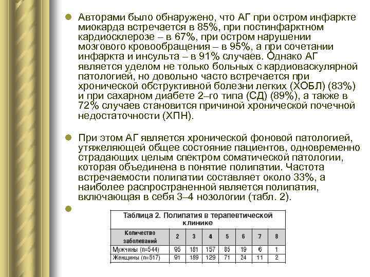 l Авторами было обнаружено, что АГ при остром инфаркте миокарда встречается в 85%, при