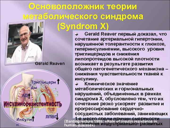 Основоположник теории метаболического синдрома (Syndrom X) Gerald Reaver первый доказал, что сочетание артериальной гипертонии,