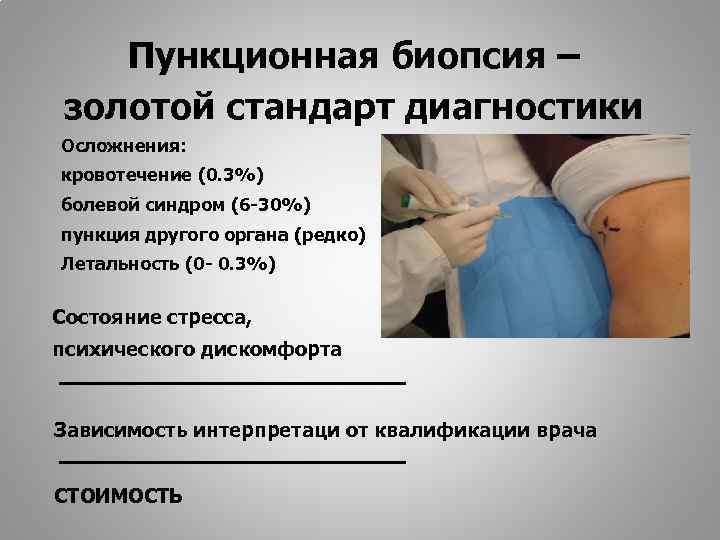 Пункционная биопсия – золотой стандарт диагностики Осложнения: кровотечение (0. 3%) болевой синдром (6 -30%)