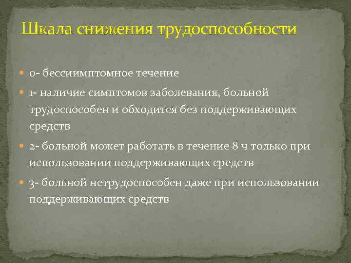 Шкала снижения трудоспособности 0 - бессиимптомное течение 1 - наличие симптомов заболевания, больной трудоспособен