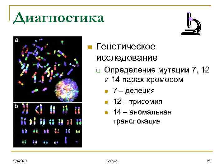 Диагностика n Генетическое исследование q Определение мутации 7, 12 и 14 парах хромосом n