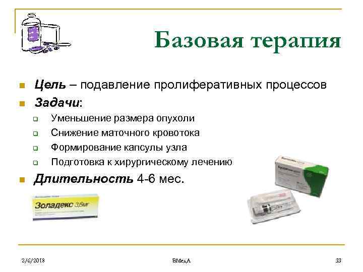 Базовая терапия n n Цель – подавление пролиферативных процессов Задачи: q q n Уменьшение