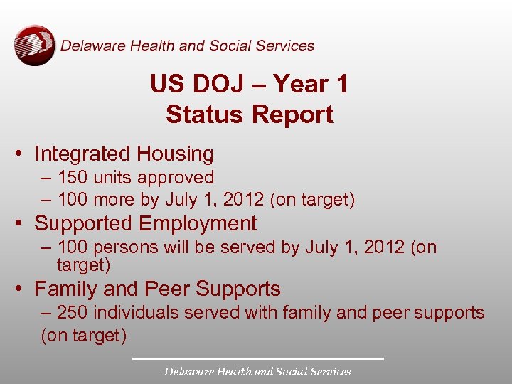 US DOJ – Year 1 Status Report • Integrated Housing – 150 units approved