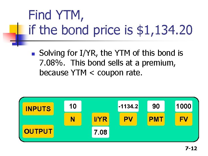 Find YTM, if the bond price is $1, 134. 20 n Solving for I/YR,