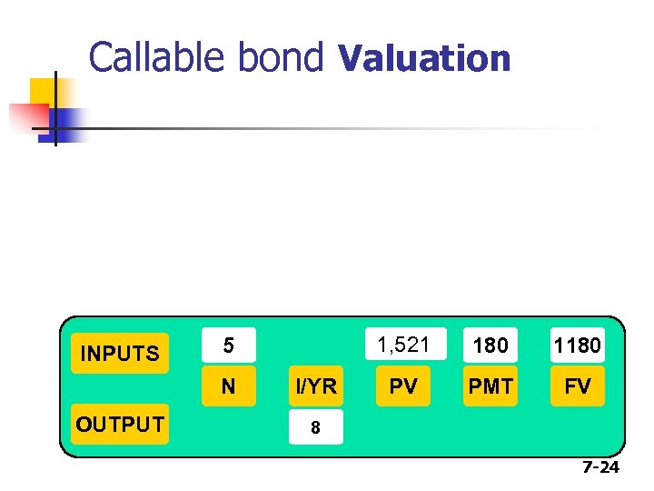 Callable bond Valuation INPUTS N OUTPUT 1, 521 5 I/YR 180 1180 PV PMT