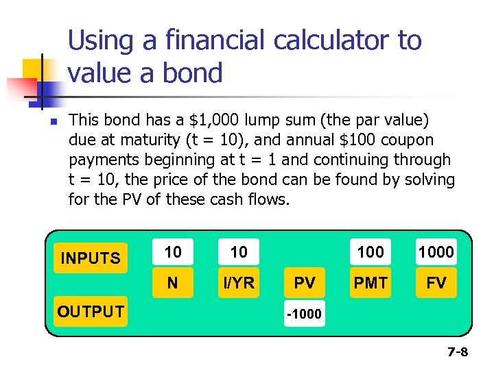 Using a financial calculator to value a bond n This bond has a $1,