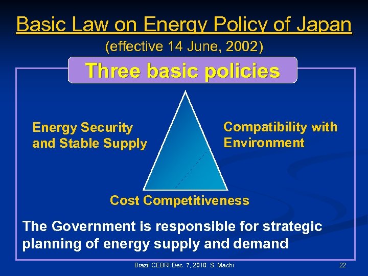 Basic Law on Energy Policy of Japan (effective 14 June, 2002) Three basic policies