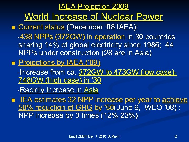 IAEA Projection 2009 World Increase of Nuclear Power Current status (December ’ 08 IAEA):