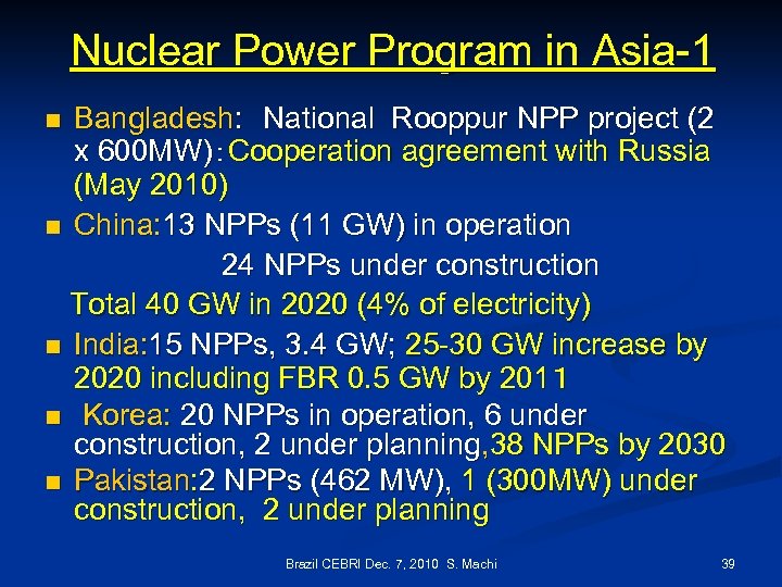 Nuclear Power Program in Asia-1 Bangladesh: 　National Rooppur NPP project (2 x 600 MW)：Cooperation