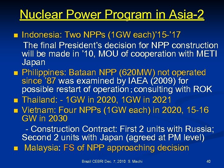 Nuclear Power Program in Asia-2 n n n Indonesia: Two NPPs (1 GW each)’