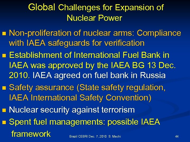 Global Challenges for Expansion of Nuclear Power Non-proliferation of nuclear arms: Compliance with IAEA