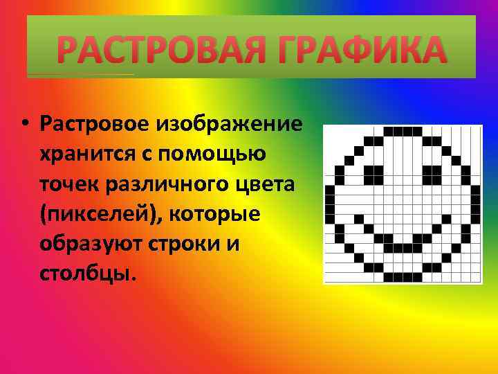 РАСТРОВАЯ ГРАФИКА • Растровое изображение хранится с помощью точек различного цвета (пикселей), которые образуют