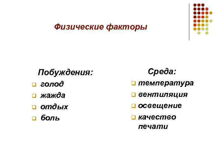 Физические факторы Среда: Побуждения: q q голод жажда отдых боль температура q вентиляция q